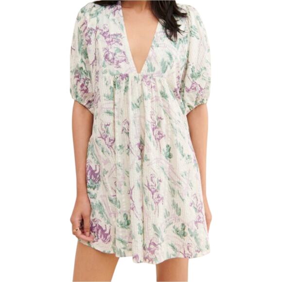 Urban Outfitters Kimchi Blue Pria Dress Puff Sleeve Blouson Floral White Small - Picture 1 of 6